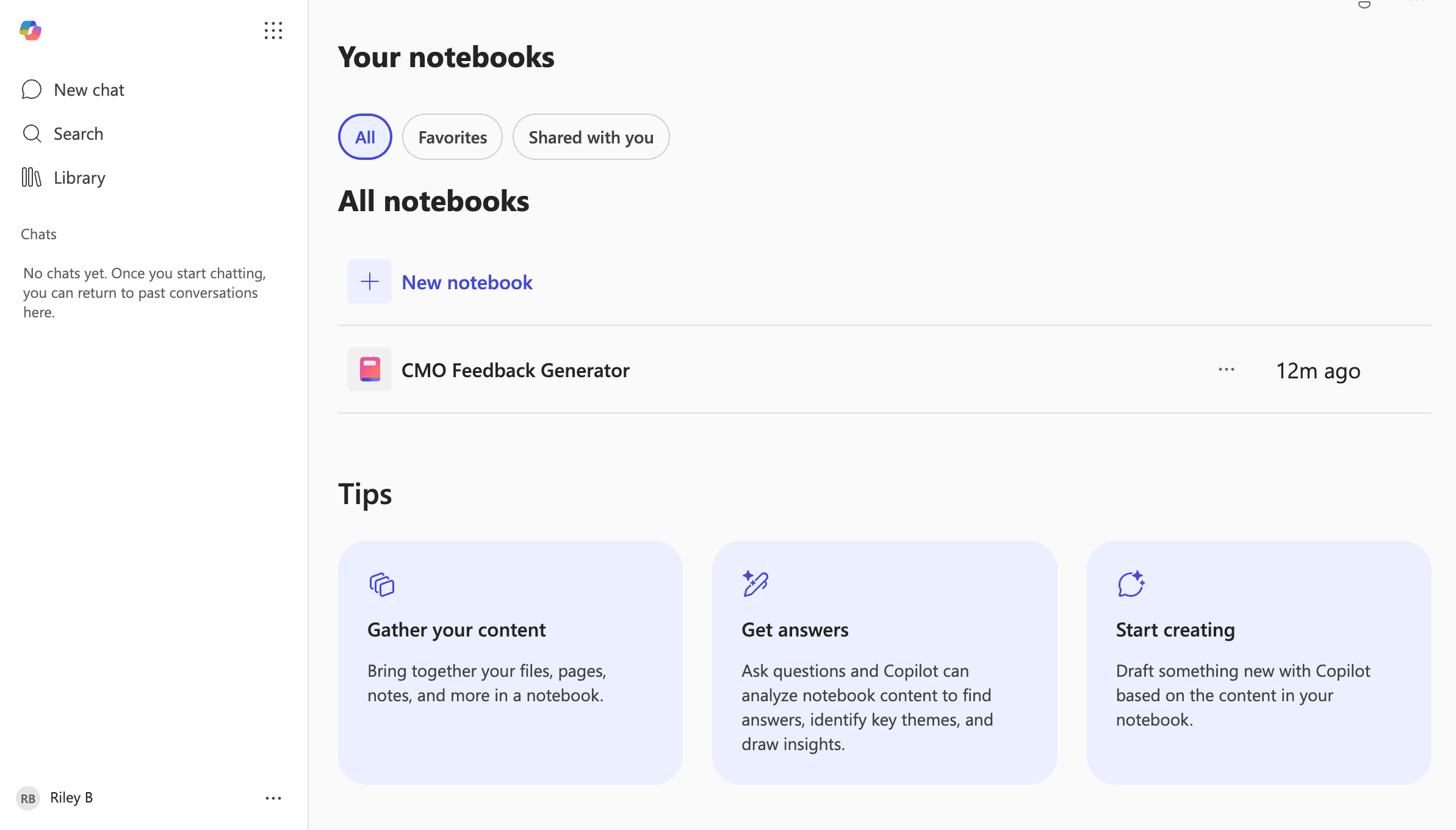 Microsoft 365 web sidebar with the Notebooks section expanded and the All Notebooks page open, showing the New notebook button at the top